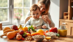 Mãe com bebê no colo, sentados à mesa repleta de alimentos saudáveis como frutas, legumes, grãos e potes de papinha. A cena se passa em uma cozinha iluminada com janela ao fundo, representando o momento da introdução alimentar.