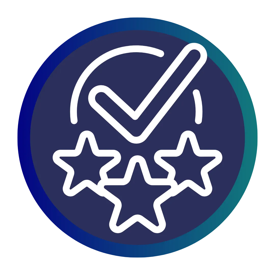 Ícone circular com fundo azul escuro, contendo uma marca de verificação acima de três estrelas alinhadas, simbolizando qualidade, aprovação ou excelência.