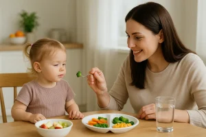 O ChatGPT disse: Mãe de pele clara e cabelos castanhos longos oferece um pedaço de brócolis em um garfo à sua filha pequena, sentadas à mesa em uma cozinha iluminada naturalmente. A criança, com cabelo preso em um pequeno rabo de cavalo, observa o alimento com atenção. Na mesa há um prato com vegetais variados, uma tigela com frutas cortadas e um copo de água, simbolizando uma refeição equilibrada. Ao fundo, é possível ver frutas, plantas e utensílios em um ambiente acolhedor e claro.