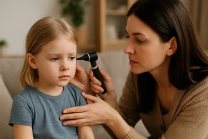Mãe de pele clara e cabelos castanhos escuros examina cuidadosamente o ouvido da filha com um otoscópio em um ambiente iluminado por luz natural. A criança, de aproximadamente dois anos, demonstra leve desconforto enquanto é acolhida no colo da mãe, que veste um suéter mostarda. Ao fundo, prateleiras com vasos e decoração minimalista completam o cenário acolhedor.