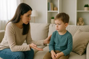 Mãe de pele clara com cabelos castanhos lisos conversa com seu filho pequeno em um sofá bege, demonstrando preocupação e empatia. O menino, de aproximadamente três a quatro anos, veste uma camiseta verde e calça marrom, olhando para baixo com expressão séria. Ao fundo, uma estante com livros e um ursinho de pelúcia complementa o ambiente acolhedor da sala iluminada naturalmente.