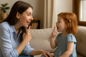 Mãe de pele clara com cabelos castanhos escuros interage com sua filha pequena de cabelos ruivos em uma sala iluminada naturalmente. Sentadas em um sofá bege, ambas apontam para a boca enquanto praticam sons, demonstrando um momento de estimulação da fala e linguagem. A menina, vestida com um vestido azul de bolinhas, observa atentamente a mãe, imitando seus movimentos em um ambiente acolhedor com cortinas claras e livros ao fundo.