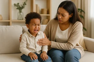 Mãe de pele morena e cabelos longos tenta acalmar seu filho pequeno durante uma birra. O menino, com cerca de quatro anos, chora intensamente sentado em um sofá bege, vestindo camisa clara e calça jeans. A mãe, com expressão preocupada, toca o ombro do filho com carinho enquanto está sentada ao lado dele. O ambiente é acolhedor, com tons neutros, plantas e prateleiras ao fundo iluminadas por luz natural.