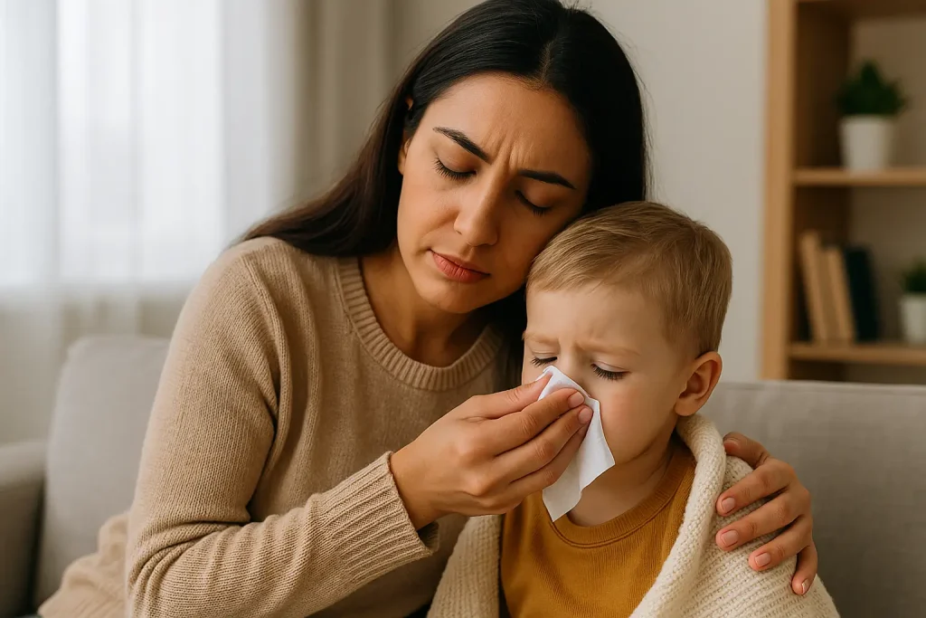 Mãe de pele morena e cabelos longos e lisos limpa cuidadosamente o nariz do filho pequeno com um lenço de papel. O menino, com expressão de desconforto, veste uma camiseta mostarda e está enrolado em uma manta clara, sentado no colo da mãe em um sofá bege. Ao fundo, a sala tem decoração neutra com prateleiras, livros e plantas, iluminada por luz natural suave.