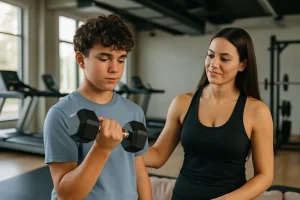 Adolescente de pele clara e cabelos castanhos cacheados realiza exercício de bíceps com halteres em uma academia moderna. Ele veste uma camiseta azul e está concentrado na execução do movimento. Ao seu lado, uma mulher jovem de cabelos castanhos lisos e roupa esportiva preta observa com atenção e oferece orientação, transmitindo segurança. Ao fundo, há esteiras e equipamentos de musculação em um ambiente iluminado por luz natural.