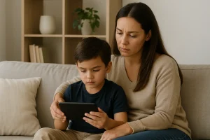 Mãe de pele clara com cabelos castanhos lisos observa atentamente seu filho pequeno enquanto ele manuseia um tablet preto. Ambos estão sentados em um sofá bege claro em uma sala com decoração neutra e iluminada por luz natural. O menino, de cerca de seis anos, veste camiseta azul-marinho e calça bege, concentrado na tela, enquanto a mãe demonstra preocupação ao acompanhá-lo de perto. Ao fundo, há uma estante com livros, vaso e plantas.