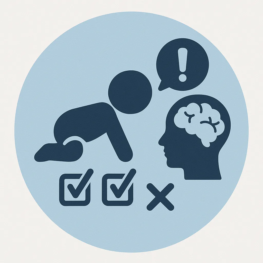 Ícone circular representando a avaliação do desenvolvimento infantil, mostrando um bebê engatinhando, uma cabeça com cérebro simbolizando cognição, marcações de verificação e alerta para identificação precoce de atrasos.