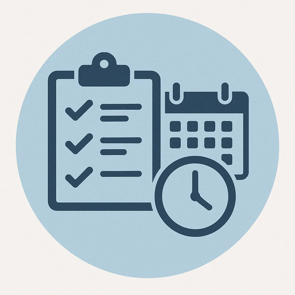 Ícone circular representando avaliações regulares ao longo do crescimento, com prancheta de checklist, calendário e relógio, simbolizando acompanhamento contínuo do nascimento à adolescência.