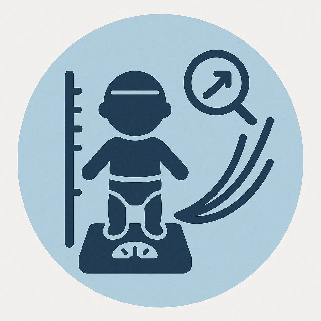 Ícone circular representando o monitoramento do crescimento infantil, com um bebê em pé sobre uma balança, régua de medição ao lado e lupa com seta indicando evolução das curvas de crescimento.