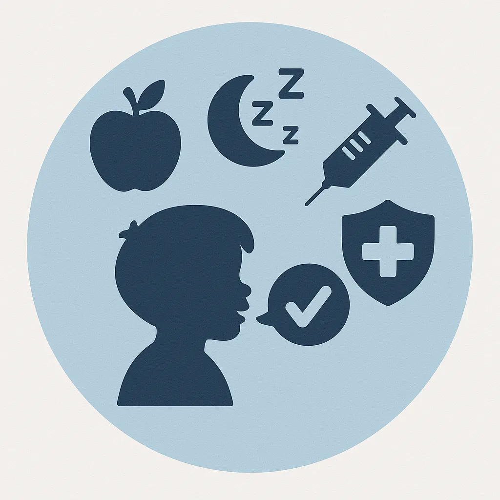 Ícone circular com uma criança no centro, rodeada por símbolos de saúde: maçã representando alimentação, lua com estrelas simbolizando sono, seringa indicando vacinação e escudo com cruz representando prevenção de doenças.