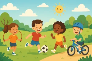 Crianças praticando atividades físicas ao ar livre em um parque ensolarado, incluindo pular corda, correr, jogar bola e andar de bicicleta, representando saúde e bem-estar infantil.