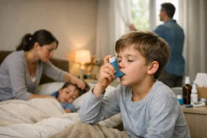 Criança usando inalador para controle da asma infantil em casa, com acompanhamento dos pais, representando prevenção de crises respiratórias.