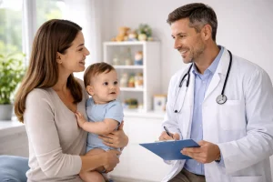 Mãe conversando com pediatra durante consulta, segurando bebê em ambiente clínico acolhedor, representando orientação médica sobre cuidados na primeira infância.
