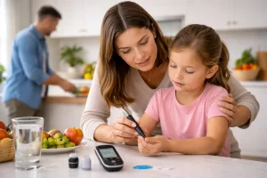 Criança realizando monitoramento da glicemia com auxílio da mãe em casa, representando sinais e cuidados relacionados ao diabetes infantil.
