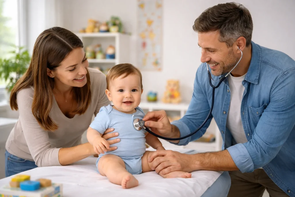 Pediatra realizando atendimento infantil durante consulta, com bebê acompanhado pela mãe em ambiente acolhedor e humanizado.