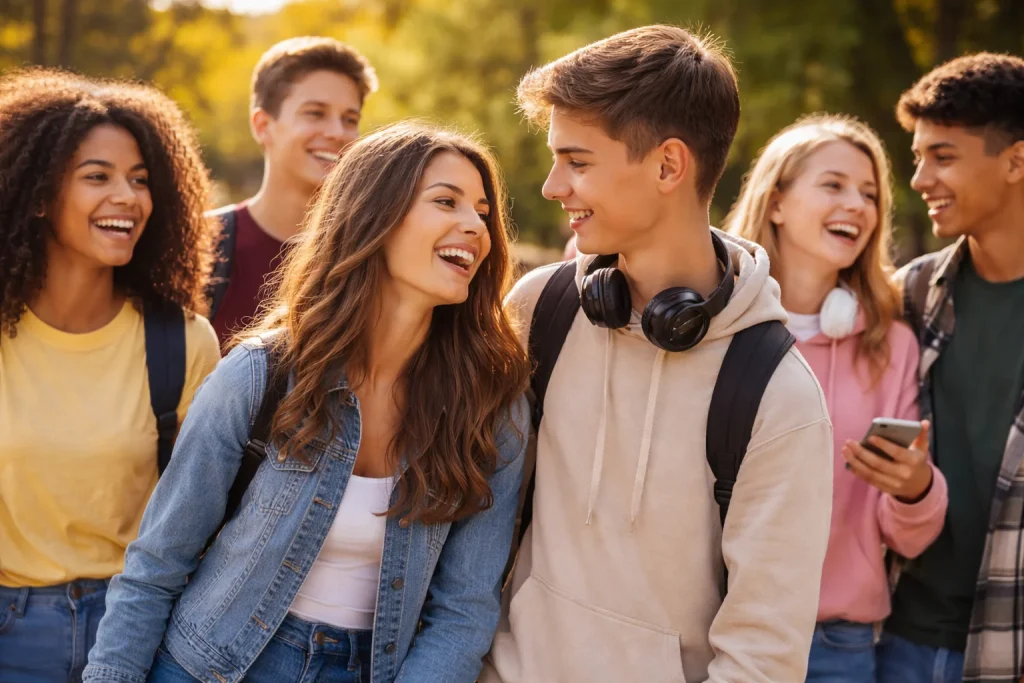 Grupo de adolescentes caminhando ao ar livre, interagindo e sorrindo, representando a adolescência como uma fase de transformações físicas, emocionais e sociais.